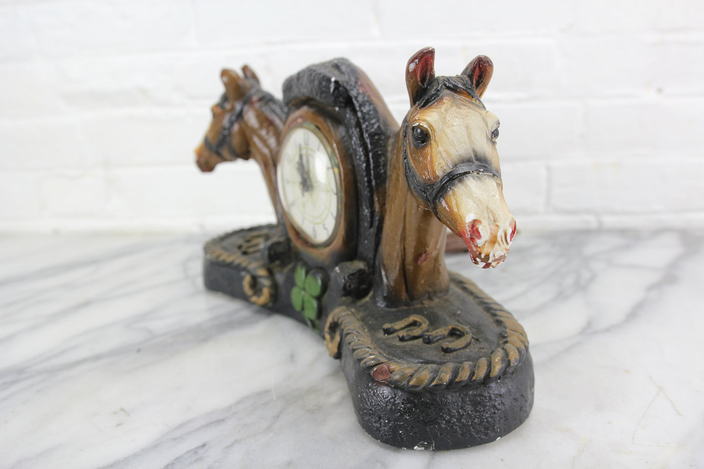 Good Luck Horseshoe Shamrock and Horses Chalkware Clock, Lanshire