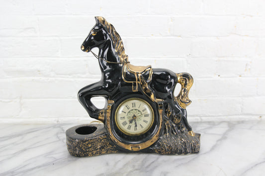 Black Porcelain Galloping Horse Clock and TV Lamp, Lanshire