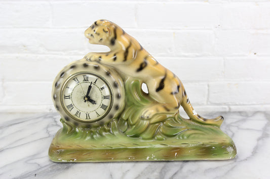 Chalkware Art Deco Tiger Clock, Lanshire