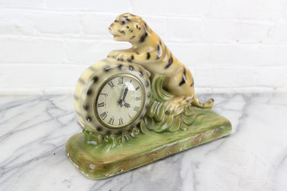 Chalkware Art Deco Tiger Clock, Lanshire