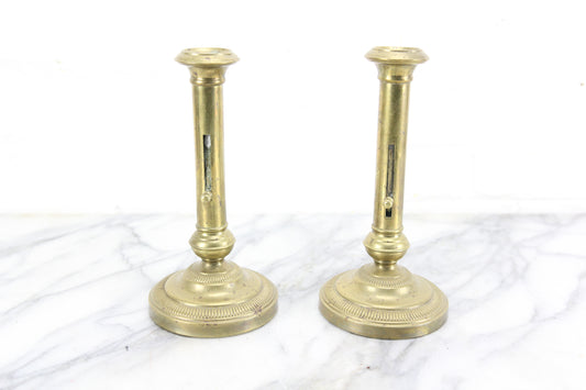 Antique Brass Push Up Candlesticks, Pair