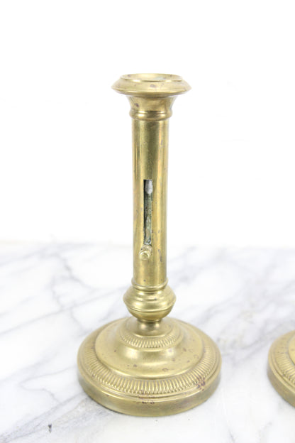 Antique Brass Push Up Candlesticks, Pair