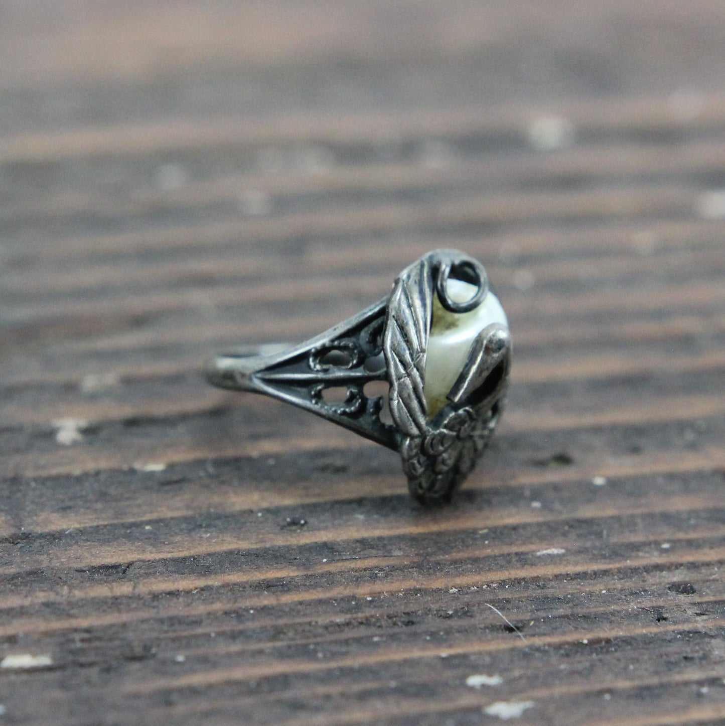 Sterling Silver Swan Ring with White Stone - Size 4.5