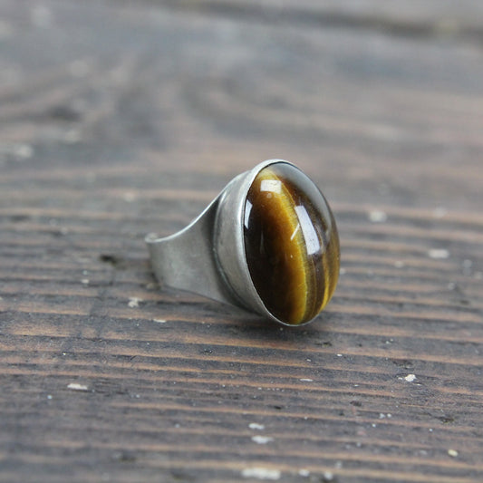 Sterling Silver Ring with Large Tiger's Eye Stone, Israel - Variable Size 10.5