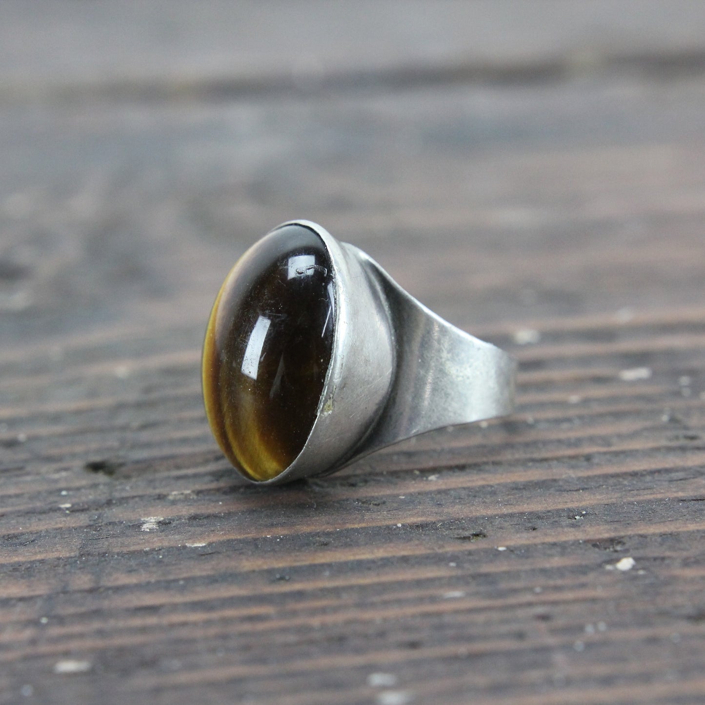Sterling Silver Ring with Large Tiger's Eye Stone, Israel - Variable Size 10.5