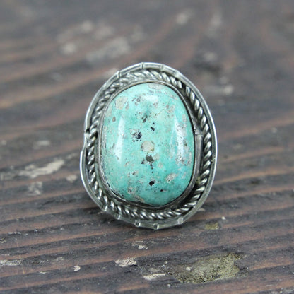 Native American Southwest Sterling Silver Ring with Large Turquoise - Size 7.5