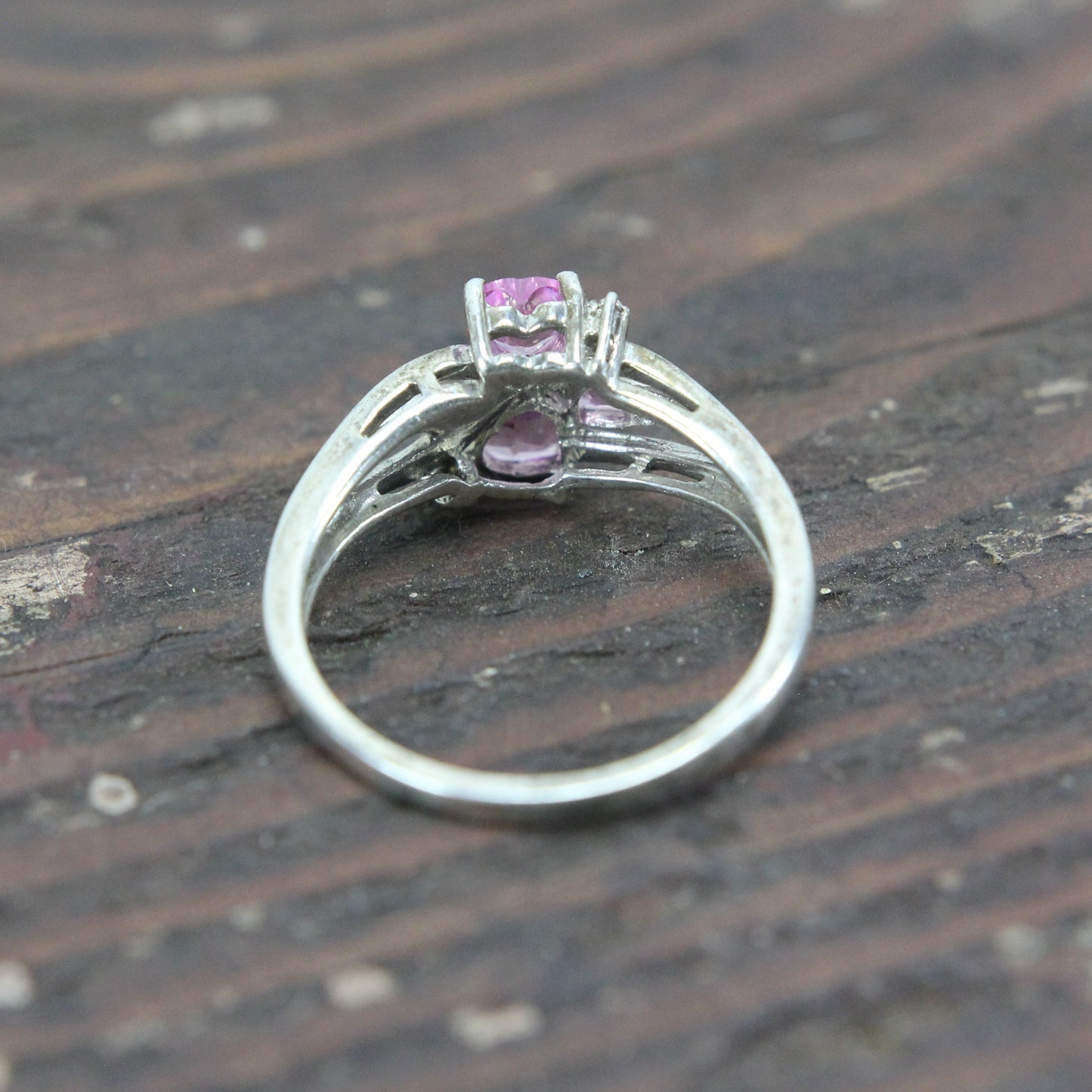 Sterling Silver Ring with Three Pink Heart Shaped Stones - Size 11