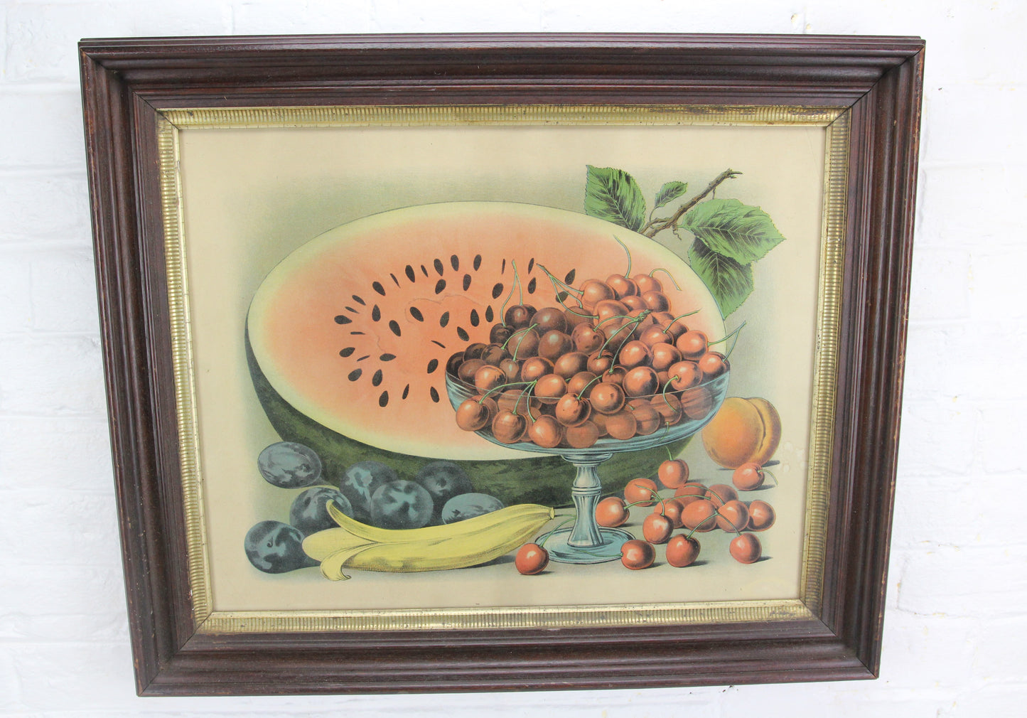 Still Life Color Lithograph Print of Fruit in Victorian Frame - 24 x 20"
