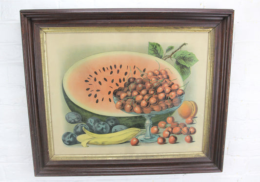 Still Life Color Lithograph Print of Fruit in Victorian Frame - 24 x 20"