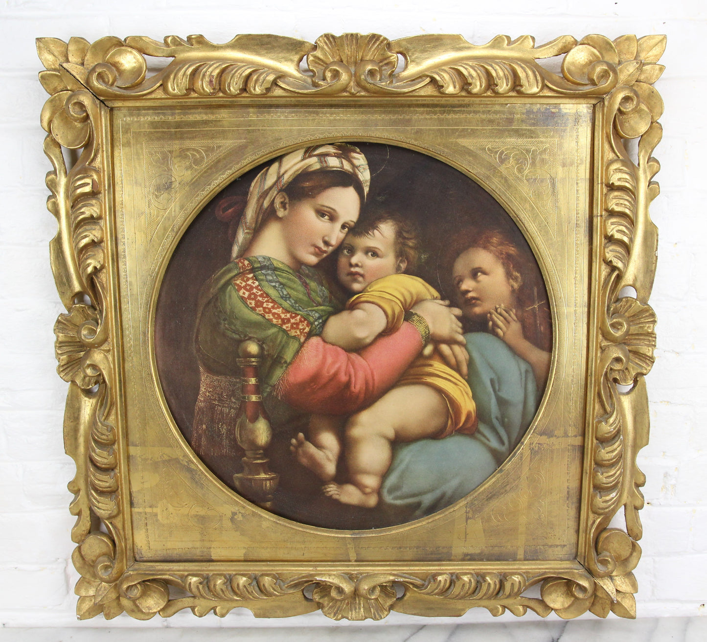 Religious Icon Print of Mother and Child on Board in Gold Frame - 27 x 26.5"