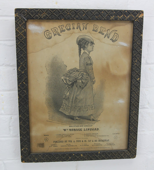 Grecian Bend Antique Sheet Music Cover in Frame, 1868 - 12.5 x 15.5"