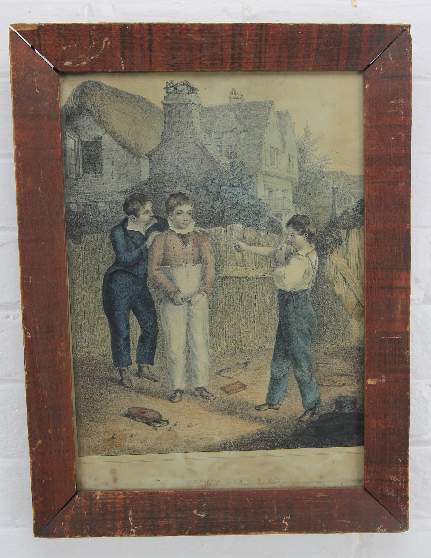 Antique Print of Boys Fighting Titled "Wolf and Lamb" - 12 x 16"