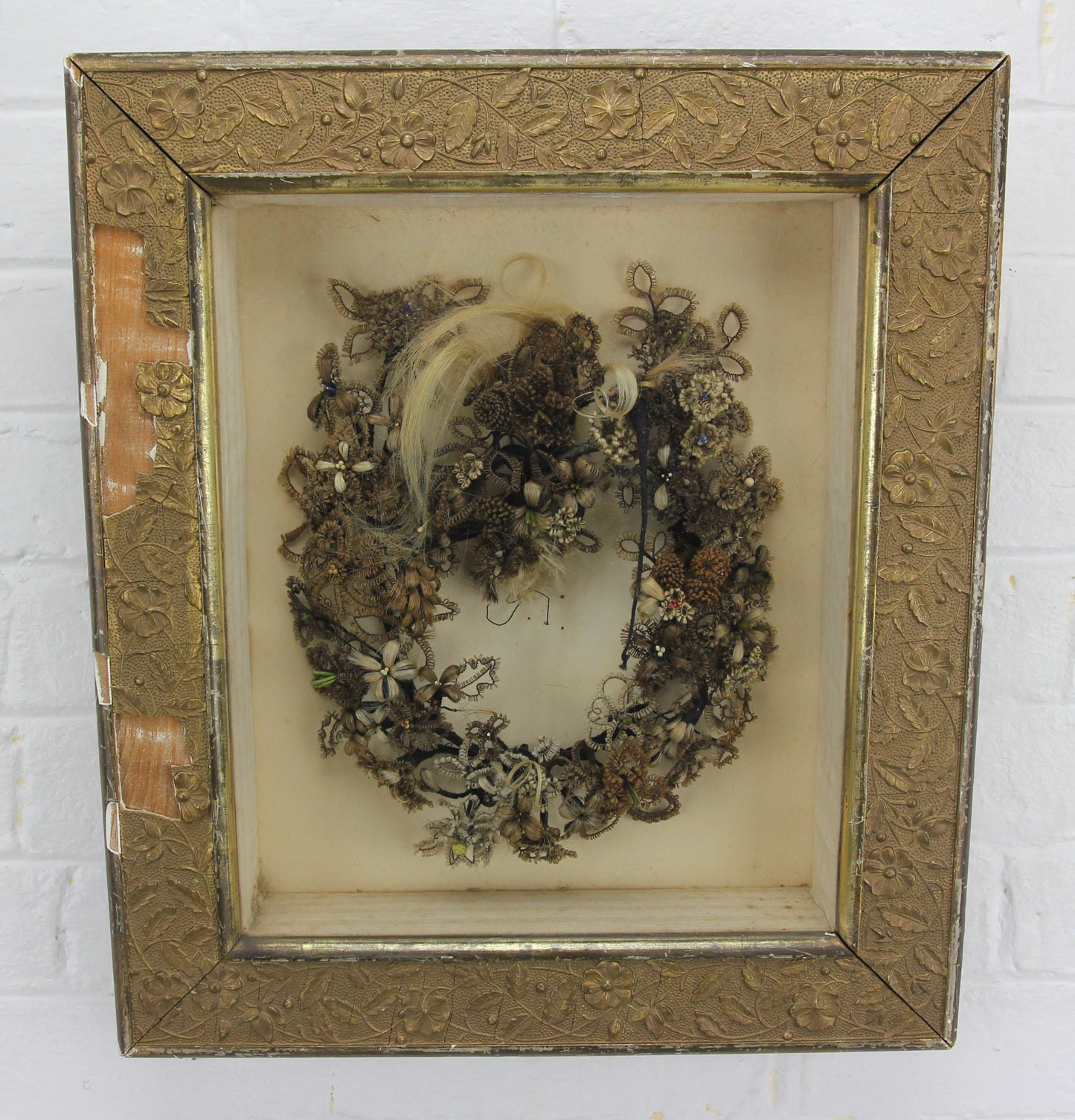 Victorian Mourning Human Hair Wreath in Shadowbox Frame - 13.5 x 15.5"