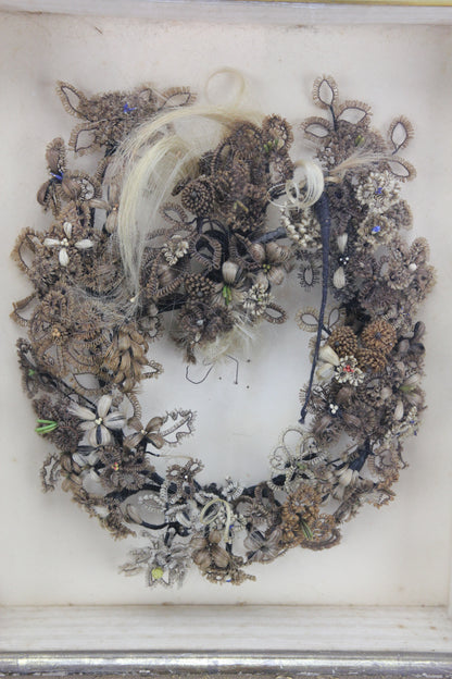 Victorian Mourning Human Hair Wreath in Shadowbox Frame - 13.5 x 15.5"