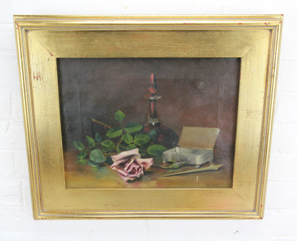 Victorian Still Life Oil Painting on Canvas in Wood Frame, Signed M. Irving - 19.5" x 16.5"