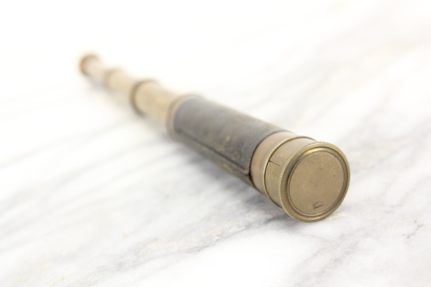 Brass Spyglass Hand-Held Telescope in Leather Case, Made in France