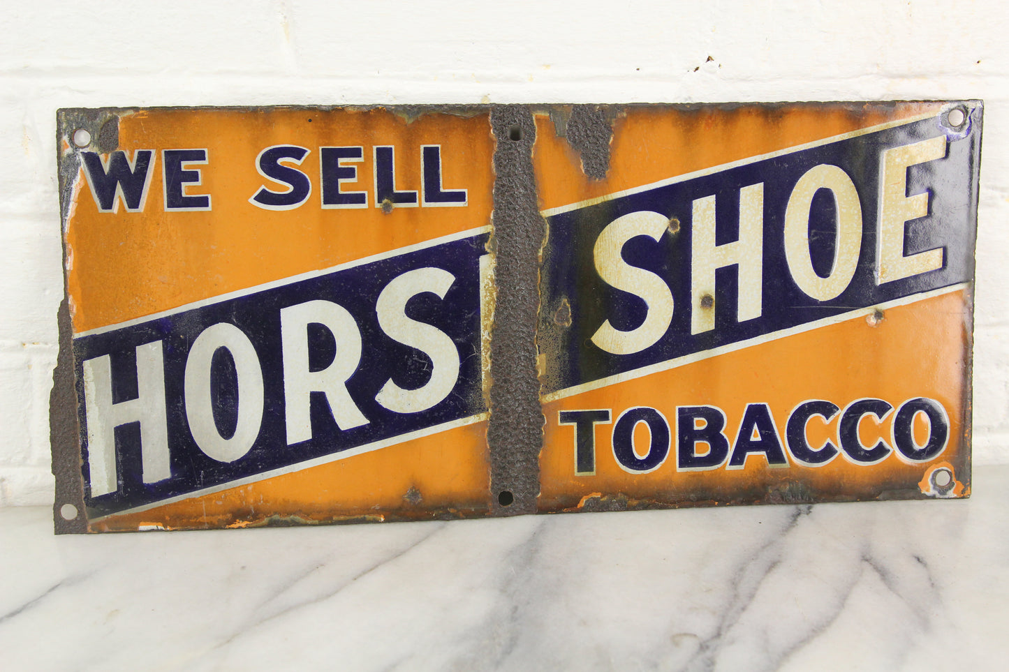 We Sell Horse Shoe Tobacco Double Sided Antique Porcelain Flange Sign (Missing Flange)