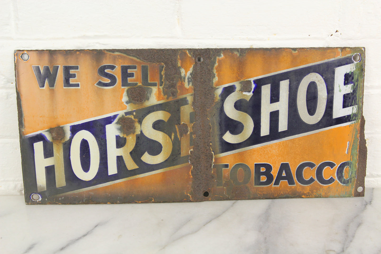 We Sell Horse Shoe Tobacco Double Sided Antique Porcelain Flange Sign (Missing Flange)