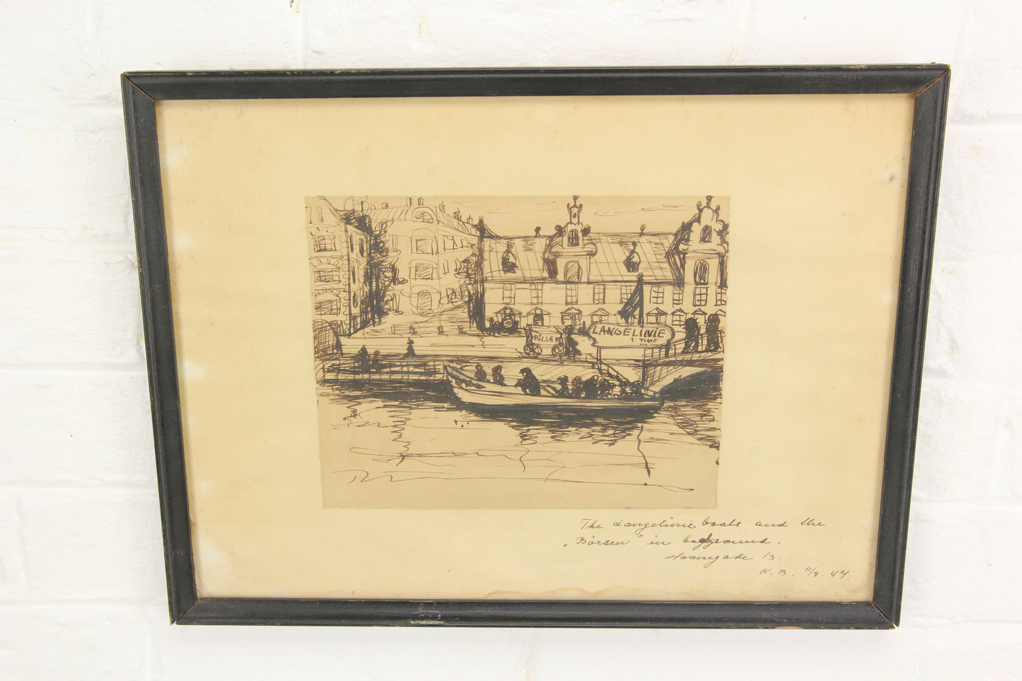 Original Signed Pen and Ink Drawing of Langelinie Pier, Copenhagen, Denmark, 1944 - 14.5 x 11"