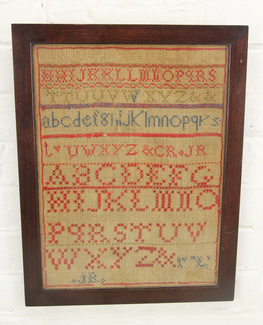 Framed Antique Embroidery Cross Stitch Alphabet Sampler - 11.5 x 15"