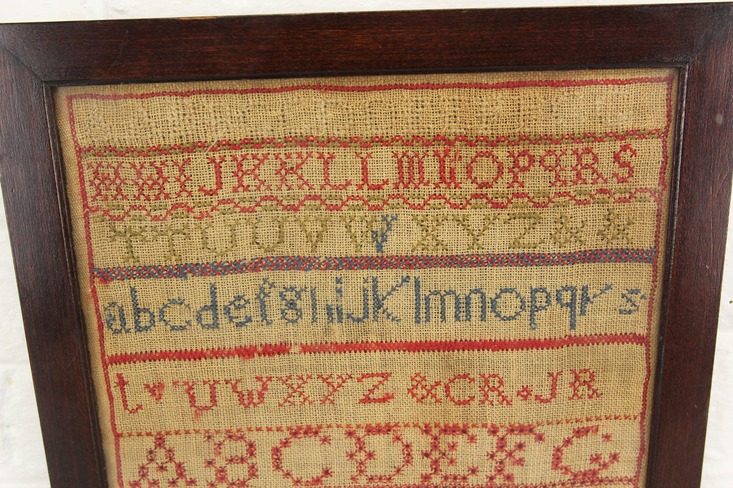 Framed Antique Embroidery Cross Stitch Alphabet Sampler - 11.5 x 15"