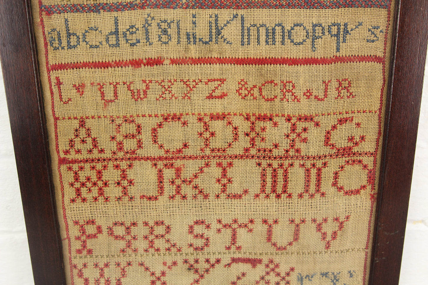 Framed Antique Embroidery Cross Stitch Alphabet Sampler - 11.5 x 15"