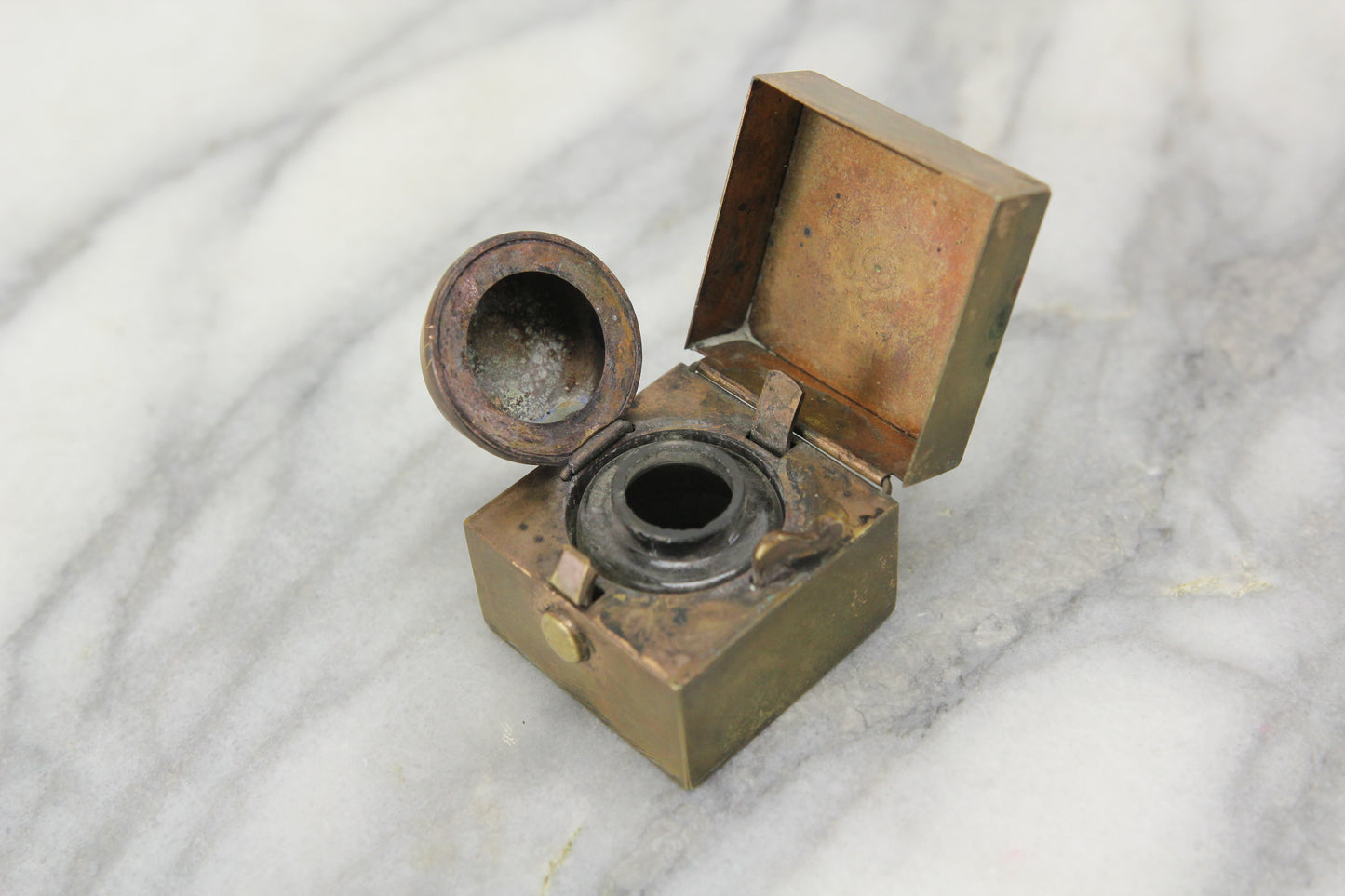 Antique Glass Travel Inkwell in Brass Case