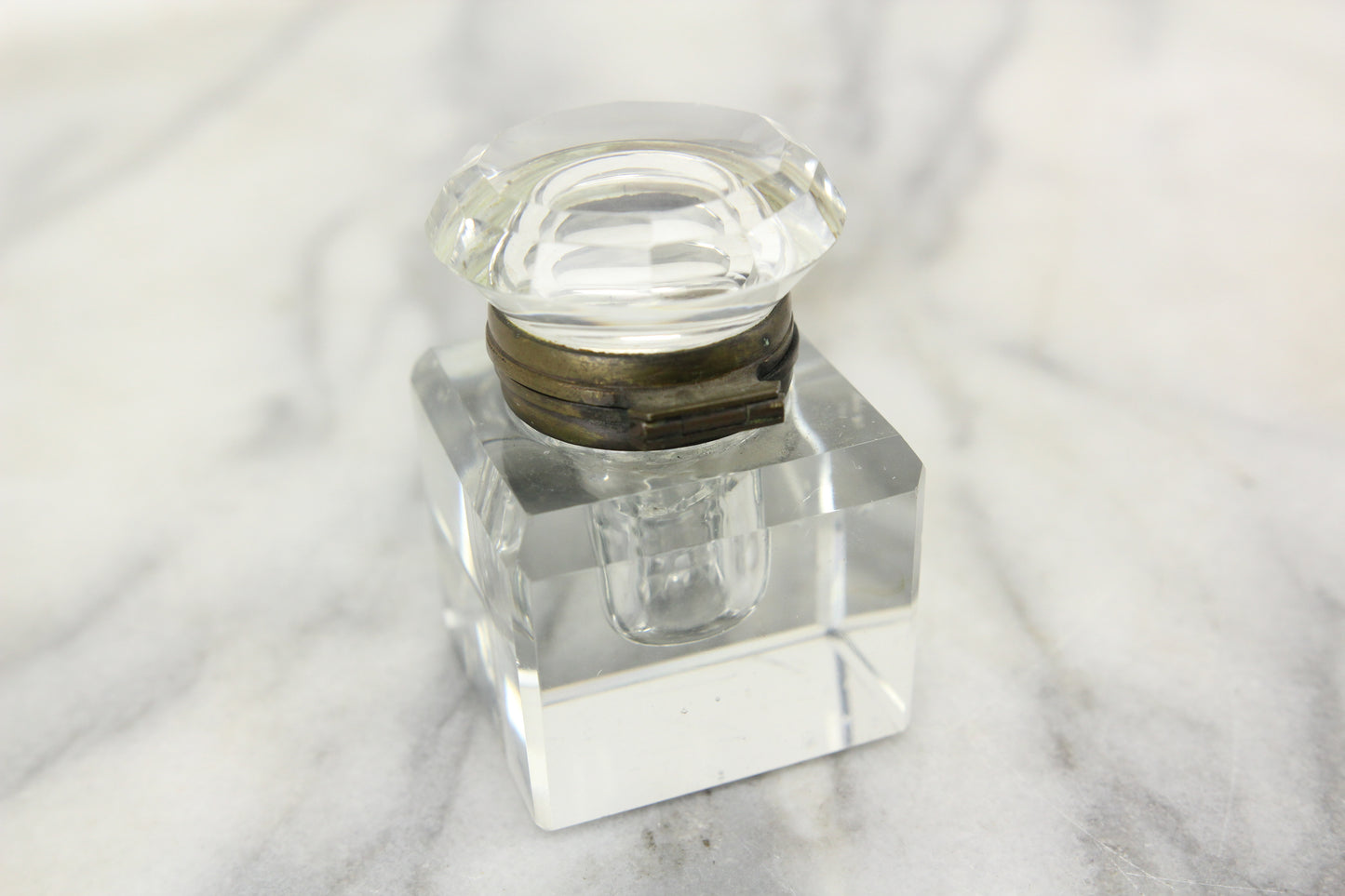 Antique Glass Square Inkwell with Beveled Corners, Diamond Shaped Lid, and Brass Rim