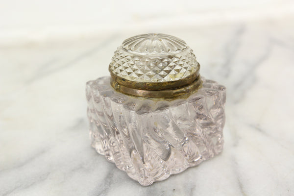 Antique Glass Square Inkwell with Lovely Design and Dome Top Lid