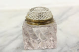 Antique Glass Square Inkwell with Lovely Design and Dome Top Lid