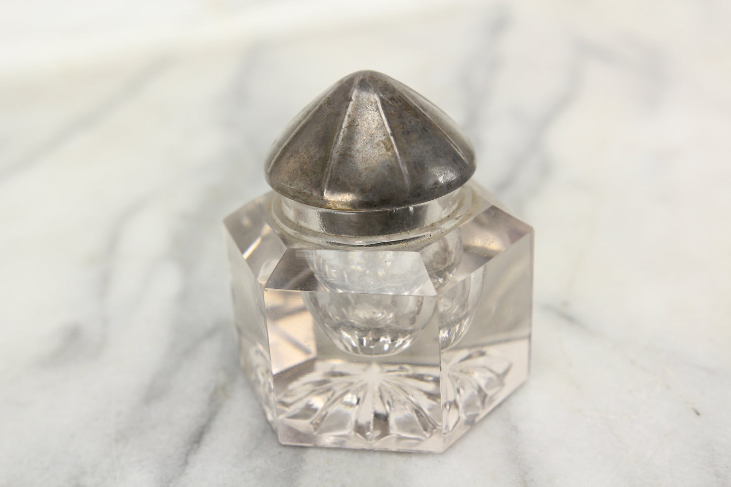 Antique Glass Hexagonal Inkwell with Sterling Silver Cone Top Lid