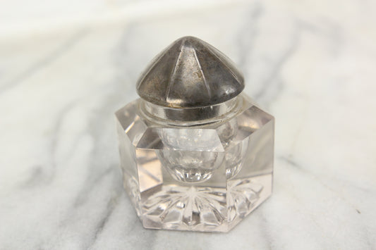 Antique Glass Hexagonal Inkwell with Sterling Silver Cone Top Lid