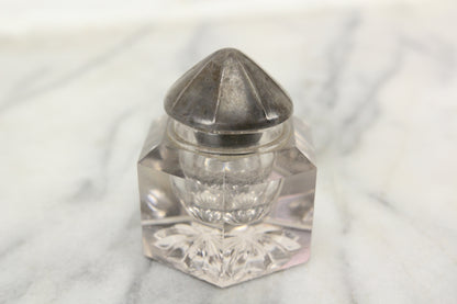 Antique Glass Hexagonal Inkwell with Sterling Silver Cone Top Lid