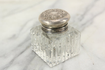 Antique Glass Square Inkwell with Art Nouveau Sterling Silver Top Lid