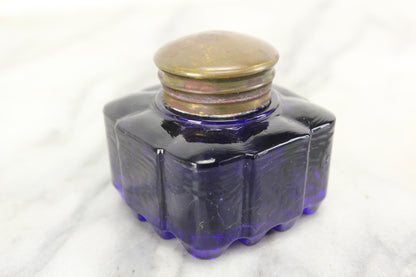 Antique Cobalt Blue Glass Square Inkwell with Brass Top Lid