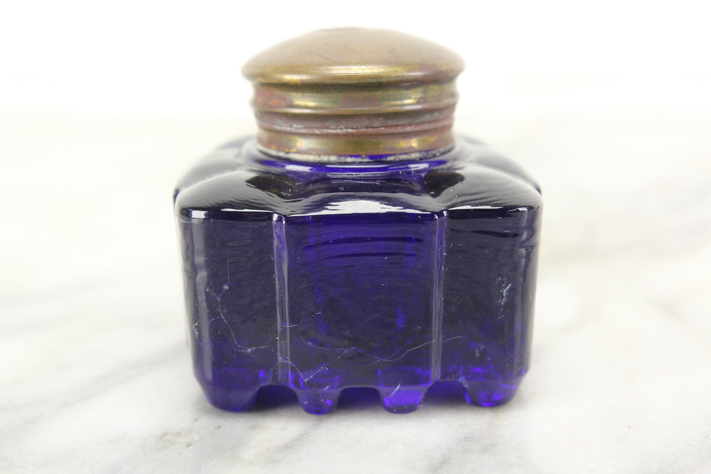 Antique Cobalt Blue Glass Square Inkwell with Brass Top Lid