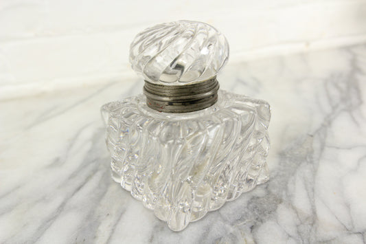 Large and Heavy Antique Glass Inkwell with Lovely Design and Hinged Top Lid