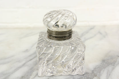Large and Heavy Antique Glass Inkwell with Lovely Design and Hinged Top Lid