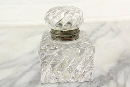 Large and Heavy Antique Glass Inkwell with Lovely Design and Hinged Top Lid
