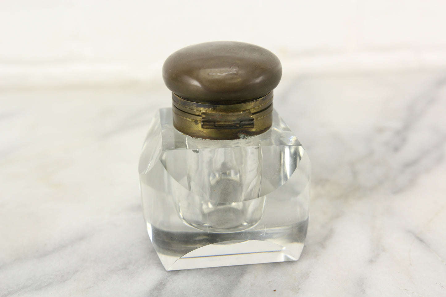 Antique Glass Rotund Inkwell with Beveled Edges and Brass Top Lid