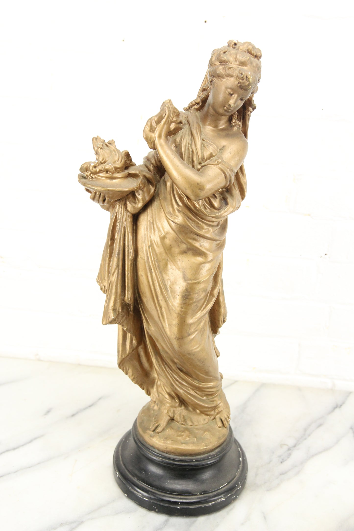 Golden Chalkware Statue of a Woman in Flowing Robes by Marwal Industries Inc.