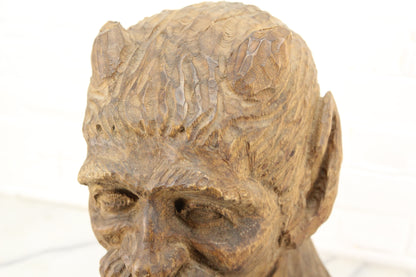 Hand Carved Wooden Devil Satan Sculpture Bust