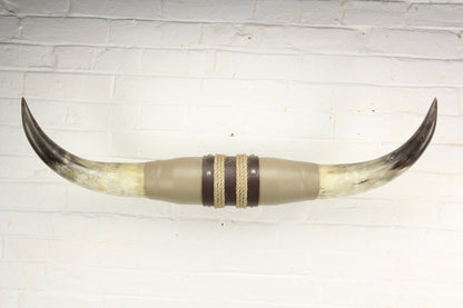 Vintage Bull Horn Taxidermy Mount with Rope, Leather, and Wood Adornments - 30" Span