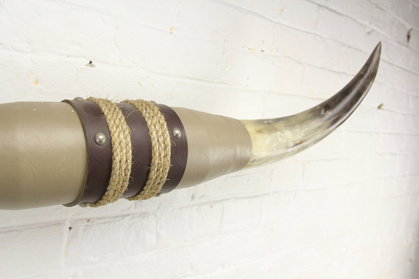 Vintage Bull Horn Taxidermy Mount with Rope, Leather, and Wood Adornments - 30" Span