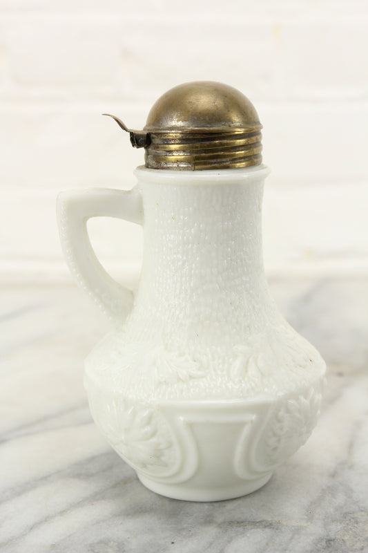 Antique Milk Glass Creamer or Syrup with Brass Lid