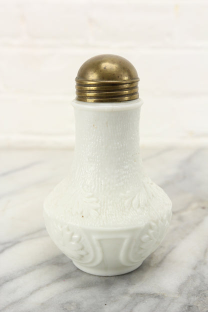 Antique Milk Glass Creamer or Syrup with Brass Lid