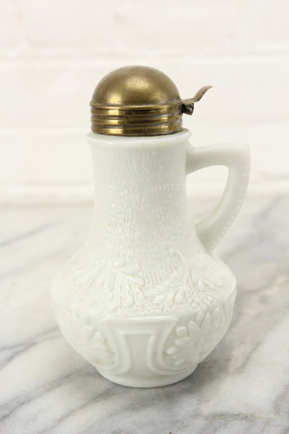 Antique Milk Glass Creamer or Syrup with Brass Lid