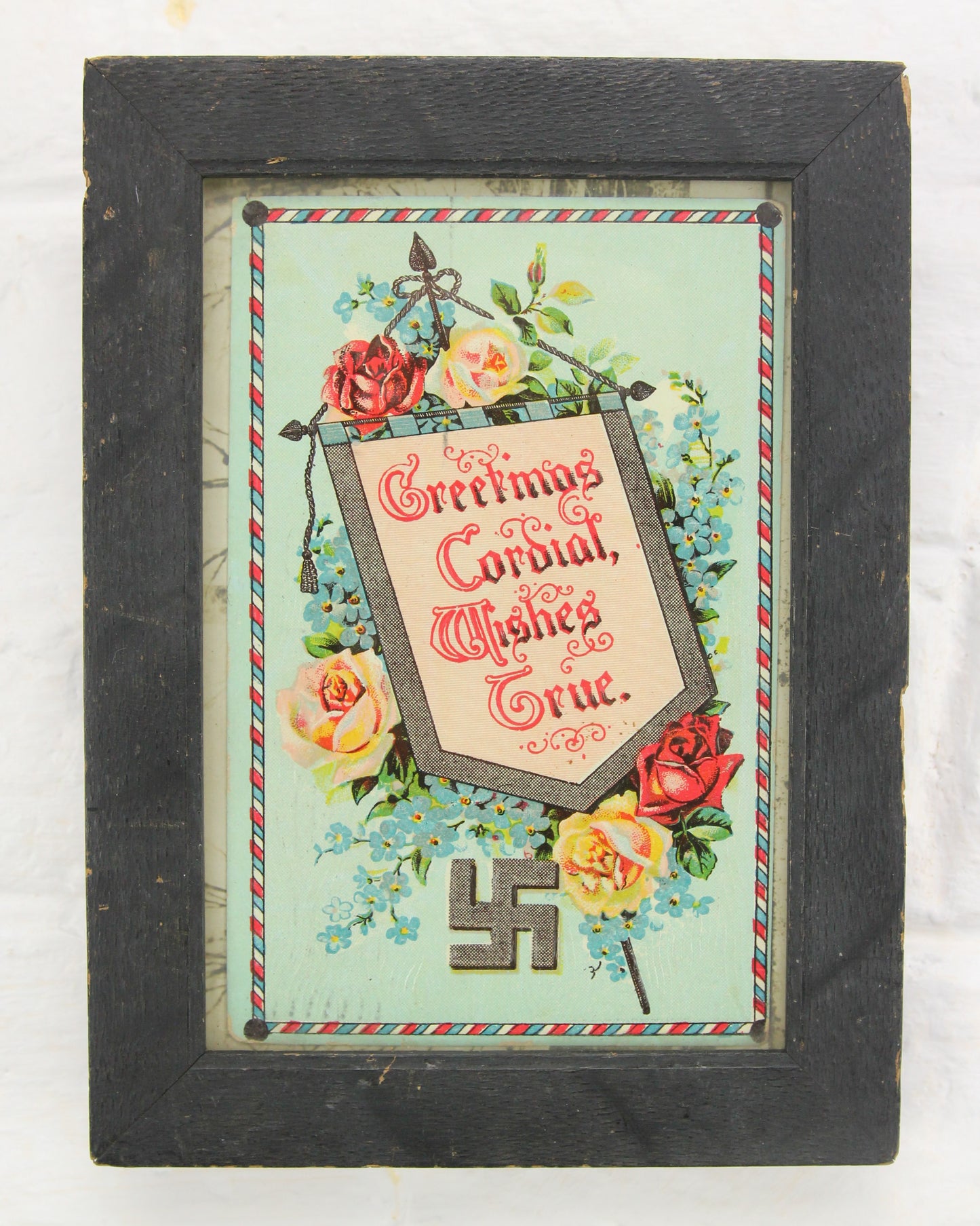 Framed 1910s Postcard "Greetings Cordial, Wishes True" with Whirling Logs Motif