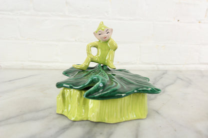 Elf on a Leaf Vintage Porcelain Ceramic Stash Box or Jewlery Box