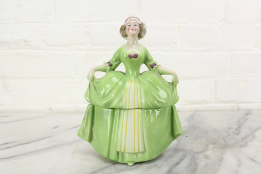 Madame Pompadour Porcelain Ceramic Dresser Doll E&R Powder Trinket Box, Made in Germany